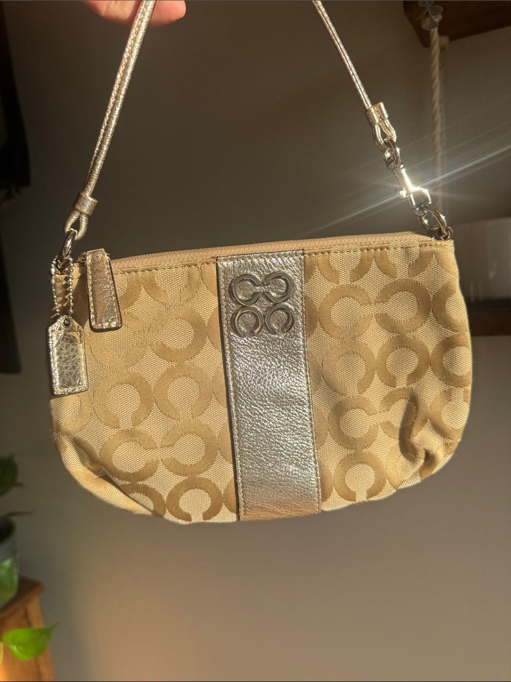Coach Metallic Trim Signature Canvas mini bag in Tan